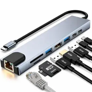 Adaptador Hub USB-C 8 em 1, RJ45, HDMI 4k, USB 3.0 Tipo C, Micro Sd