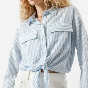 Camisa Feminina Manga Longa Listrada Azul