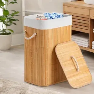 Cesto Roupa Suja Bambu 60L com Tampa e Forro
