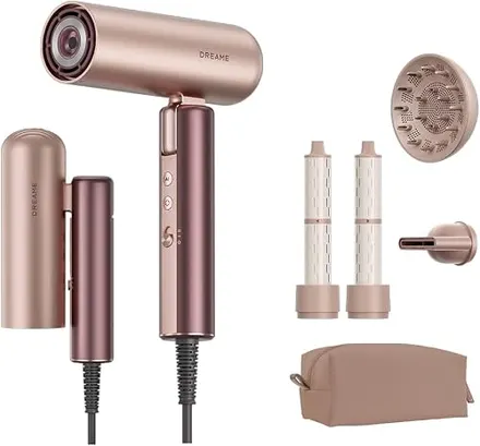 DREAME Pocket Aura Secador de Cabelo Portátil Bivolt, Apenas 374g, Dobrável e Leve para Viagens, Motor de Alta Velocidade de 110.000 RPM, Controle Inteligente de Temperatura, Tecnologia de Plasma e Íons, com Acessórios para Modelagem