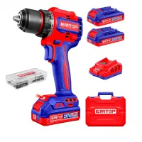 EMTOP Furadeira E Parafusadeira Sem Fio Brushless 20V 50 Nm Com 2 Baterias 2.0Ah, Carregador Bivolt E 47 Acessórios