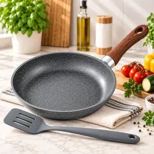 Frigideira Cerâmica Indução Cabo Madeira + Espátula de Silicone