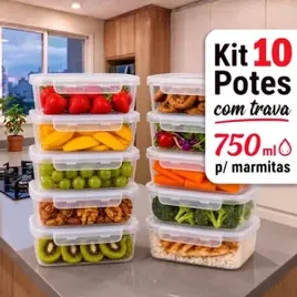 Kit 10 Potes 750ml Com Tampa Trava Plástico Transparente Para Mantimentos E Alimentos Marmita Organizador De Cozinha Geladeira E Freezer J