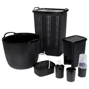 Kit Banheiro Lavanderia Trama 7 Peças Preto