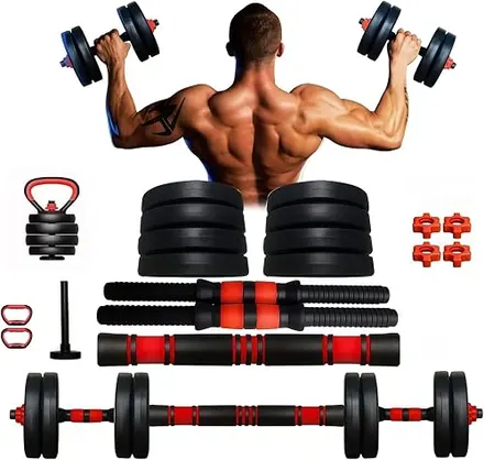 Kit Halteres Ajustáveis 15kg 6 em 1 com Barras, Anilhas e Kettlebell Multifuncional - Pesos para Musculação, Academia em Casa, Crossfit, Treino Funcional, Fitness, Pegada Antiderrapante