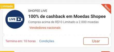 [LIVE] 100% de cashback em Moedas ShopeeCompras acima de R$10 Limitado a 2.000 moedas