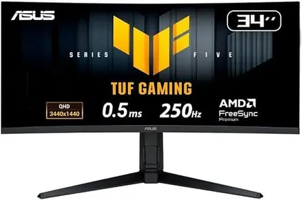 Monitor Gamer Curvo ASUS TUF 34"", WQHD, 250Hz, 0.5ms, Fast VA, FreeSync Premium, Altura Ajustável, Som Integrado, Preto - VG34WQML5A