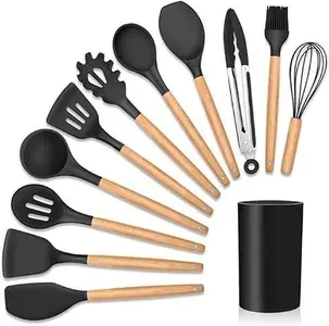 [Regional] Kit 12 Utensílios Cozinha Silicone Madeira