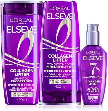 Shampoo Condicionador Sérum Elseve L'Oréal Colágeno 400ml+400ml+100ml | Protocolo reconstrutor, volume 3D, brilho imediato, fios finos, proteção térmica de 230°C, encorpamento ativo