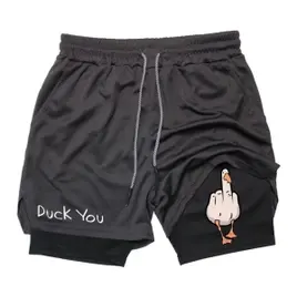 Shorts masculino com estampa de pato de desenho animado verão camada dupla estampa de letras secagem rápida fitne