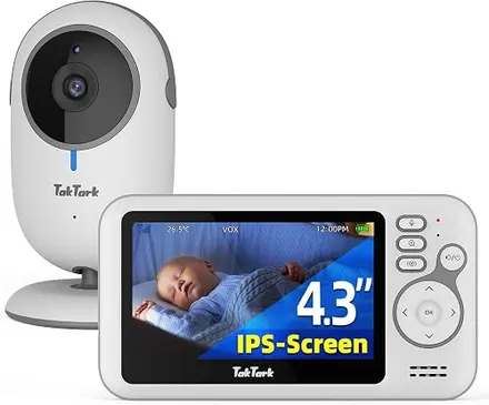 TakTark Babá Eletrônica, 4.3" Câmera para Bebês com Monitor, 2 Way Audio, Visão Noturna Infravermelha, Áudio Bidirecional, Detecção de Som VOX, Monitoramento Temperatura, Ideal para Novos Pais