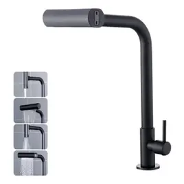 Torneira Cozinha Bancada Inox 304 Água Fria Bica Alta Gourmet 4 Modos De Água Estilo Cascata Torneira Pia Cozinha Moderna Flexível Cor Preto Premiu