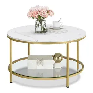 VASAGLE Mesa de Centro 80x80x45 cm com Tampo Mármore Branco, Prateleira de Vidro e Estrutura Dourada