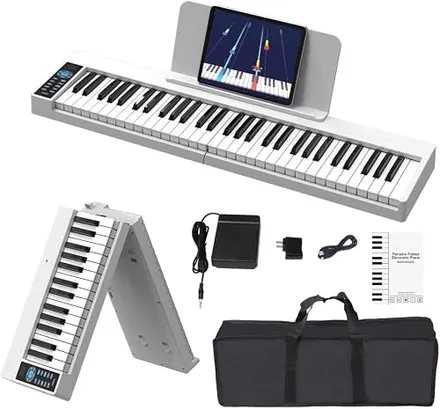 VEDO Piano Digital DobráVel Kit, 61 Teclas Semipesadas, Recarregável, 128 Tons, 128 Ritmos, 20 CançõEs de DemonstraçãO, USB-MIDI, DAW, Pedal SustentaçãO, Estante de Partitura, Branco