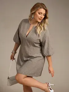 Vestido Cinza Plus Size Feminino, Manga Média