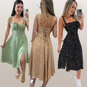 Vestido Feminino Mídi Floral Laço Busto