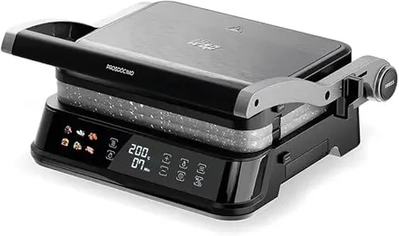 WAP Grill Inox WG2000 2 em 1 Grill e Sanduicheira 220V | Smash Abertura 180°, Chapas Lisa e Ondulada Removíveis, 5 Níveis de Prensa, 6 Receitas Pré-Programadas, 1650W